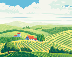 Rural summer landscape with hills and village.