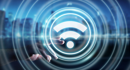 Poster - Businesswoman using free wifi hotspot interface 3D rendering