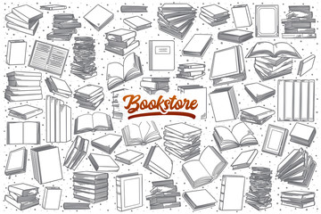 Hand drawn bookstore doodle set background with orange lettering in vector