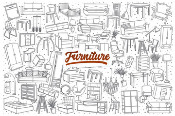 Wall Mural - Hand drawn furniture doodle set background with red lettering in vector