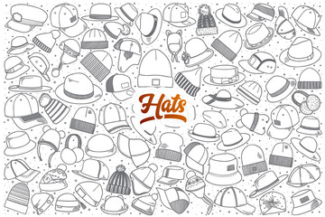 Wall Mural - Hand drawn hats doodle set background with orange lettering in vector