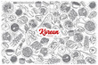 Hand drawn Korean food doodle set background with red lettering in vector