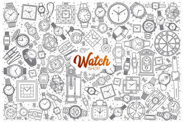 Hand drawn watch shop doodle set background with orange lettering in vector