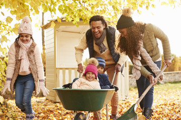 Wall Mural - Father In Autumn Garden Gives Children Ride In Wheelbarrow