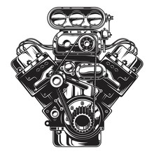 Isolated Monochrome Illustration Of Car Engine On White Background