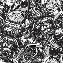 Automobile Car Parts Seamless Pattern With Monochrome Black And White Elements Background.