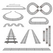 Set of new railroad curves, perspectives, turns, twists, circles and elements, vector illustration of rail transport path motives isolated on white. Simple modern railroad vector collection.