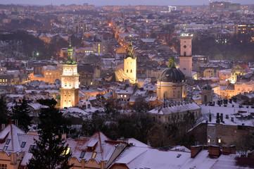 Poster - Lviv old city panorama in winter night