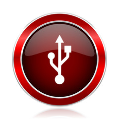 Poster - Usb red round glossy metallic web and smartphone vector icon isolated on white background.   
