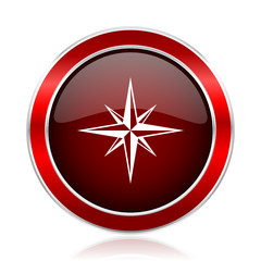 Poster - Compass red round glossy metallic web and smartphone vector icon isolated on white background.   
