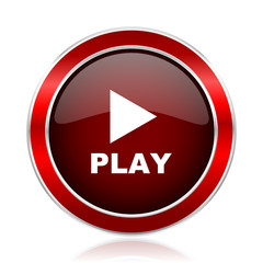 Poster - Play red round glossy metallic web and smartphone vector icon isolated on white background.    
