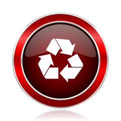 Poster - Recycle red round glossy metallic web and smartphone vector icon isolated on white background.    
