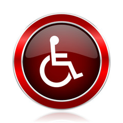 Poster - Wheelchair red round glossy metallic web and smartphone vector icon isolated on white background.