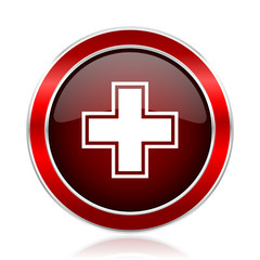 Poster - Pharmacy red round glossy metallic web and smartphone vector icon isolated on white background.