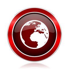Poster - Earth red round glossy metallic web and smartphone vector icon isolated on white background.