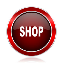 Poster - Shop red round glossy metallic web and smartphone vector icon isolated on white background.
