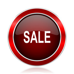 Poster - Sale red round glossy metallic web and smartphone vector icon isolated on white background.