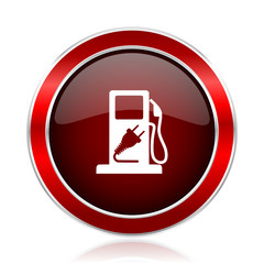 Poster - Fuel red round glossy metallic web and smartphone vector icon isolated on white background.             

