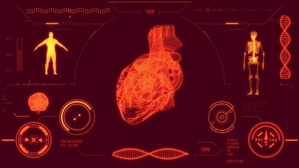 Human heart scan. Futuristic medical user interface with HUD and infographic elements. Virtual technology background. Head-up display template for business, games, motion design, web and app.