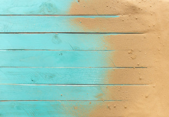 sea sand on blue wooden floor,top view with copy space