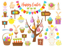Big Collection Of Happy Easter Objects. Flat Design Vector Illustration. Set Of Spring Religious Christian Colorful Items.