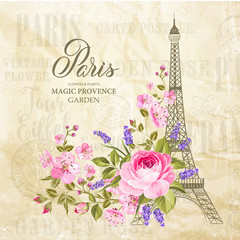 Eiffel tower simbol with spring blooming flowers over old paper texture with sign Paris. Vector illustration.