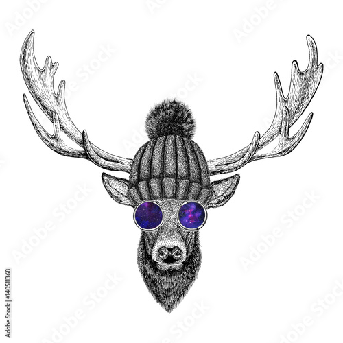 Obraz w ramie Cool fashionable deer Hipster animal Vintage style illustration for tattoo, logo, emblem, badge design