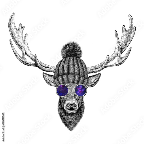 Fototapeta dla dzieci Cool fashionable deer Hipster animal Vintage style illustration for tattoo, logo, emblem, badge design