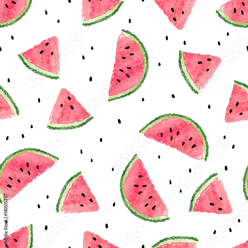 Seamless watermelons pattern. Vector background with watercolor watermelon sl...