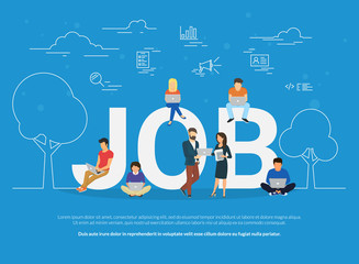 Wall Mural - Job concept vector illustration of business people using devices for working, job searching and professional growth. Flat concept of young men and women using laptop for team work and self-development