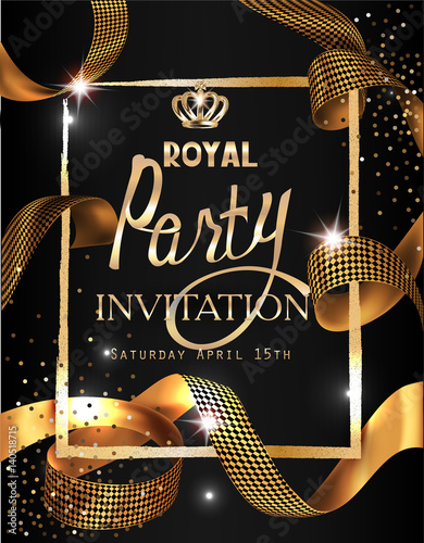 Fotografie, Obraz Royal party invitation card with gold curly ribbon, textured frame and crown