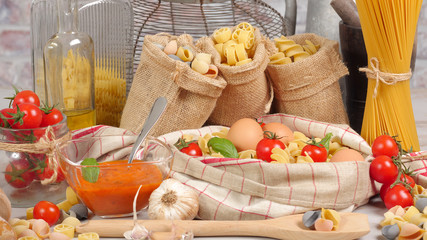 Wall Mural - pastas with eggs and cherry tomatoes