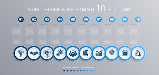 Monochrome blue bubbles chart Infographics for 10 steps