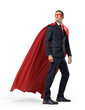 © gearstd - A businessman in a hero red cape and a mask in front view looking in the distance over his shoulder on white background.