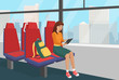 Young woman with backpack browsing tablet in the public vehicle or train vector illustration.
