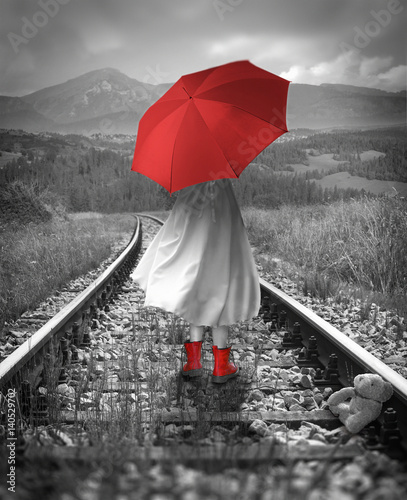 Foto-Schiebegardine mit Schienensystem - Girl with a red umbrella on the tracks. Lost teddy bear. Digital illustration with soft oil painting style. (von cranach)