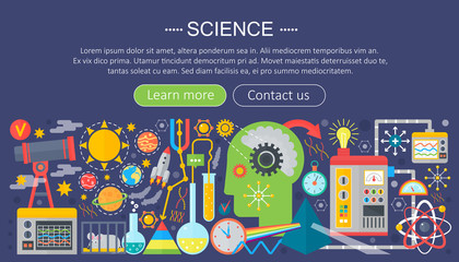 Poster - Flat design concept of science. Horizontal banner with scientist workplaces. Scientific research experiment infographics template design, web header icons elements.Vector illustration.