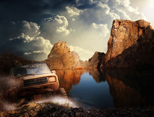 Four By Four Off Road Car Crossing The Lake  With Splashing Water, Travel And Racing Concept For Four Wheel Drive Off Road Vehicle .