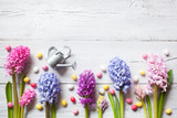 Easter wooden background with flowers  hyacinth