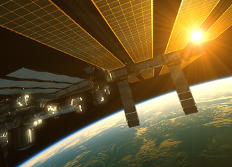 Wall Mural - international space station in the rays of sun sun above the earth