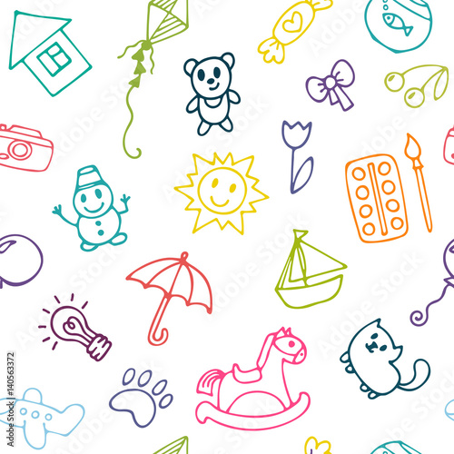 Plakat na zamówienie Doodle children drawing background. Seamless pattern for cute little girls and boys. Sketch set of drawings in child style