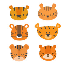 Set Of Cute Tigers. Funny Doodle Animals. Little Tiger In Cartoon Style