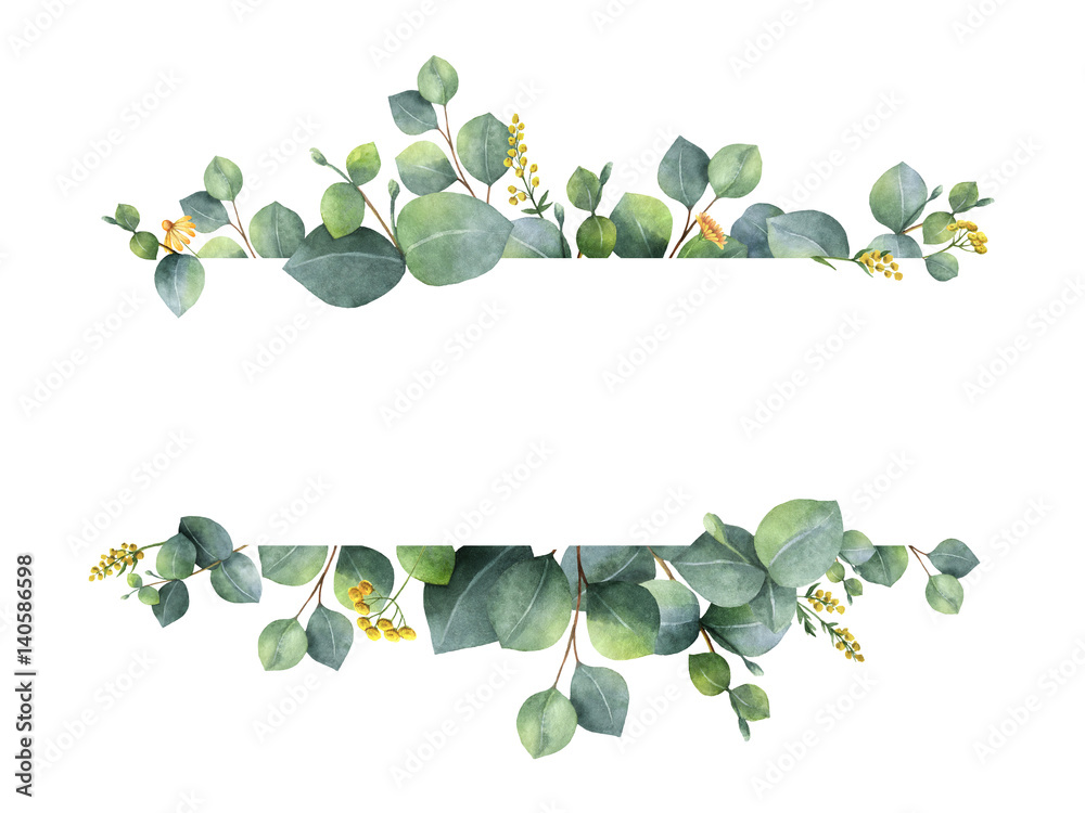 Watercolor green floral banner with silver dollar eucalyptus leaves and ...