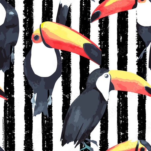 Seamless pattern with tropical birds - toucan on striped background. Vector w...
