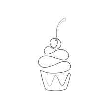 Continuous Line Cupcake With Cherry On Top Isolated On White Background. Vector Illustration.