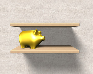 Wooden shelves on wall with golden piggy bank