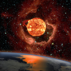 Wall Mural - sunrise over the planet earth. the sun in eruption appears on the rcw 79 in the southern milky way i
