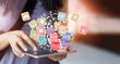 © ipopba - Woman holding tablet online banking payment communication network technology 4.0, with icon global connect customer omnichannel and mutichnanel