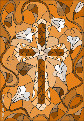 Fototapeta na wymiar Stained glass illustration with a cross in the sky and flowers,brown tone , Sepia