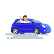 Vector flat illustration of happy man driver waved his hand sitting in his blue car. Design concept of buy a new car